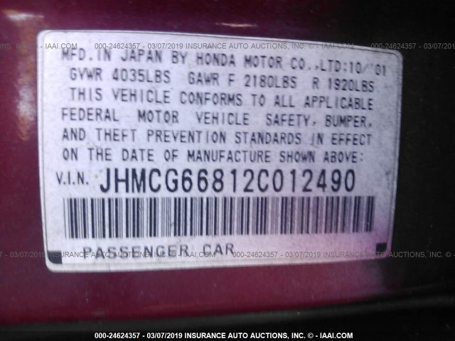 JHMCG66812C012490 - 2002 HONDA ACCORD EX/SE RED photo 9