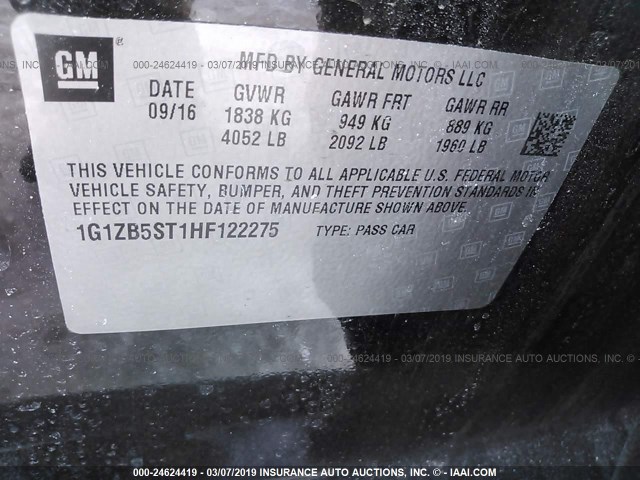 1G1ZB5ST1HF122275 - 2017 CHEVROLET MALIBU LS BLACK photo 9