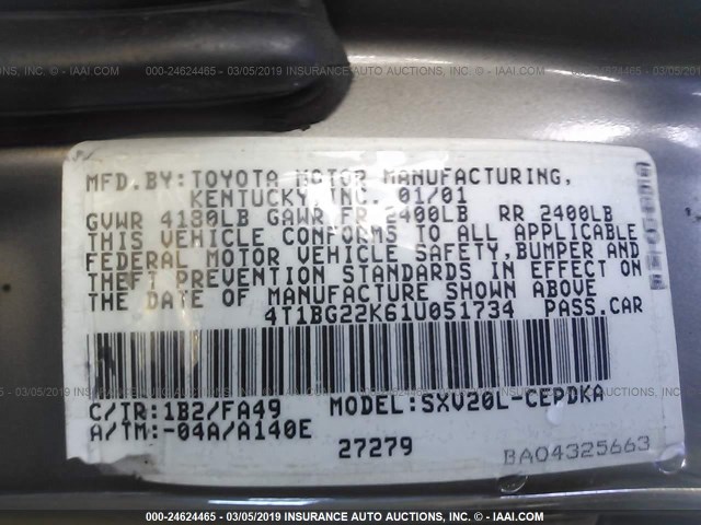 4T1BG22K61U051734 - 2001 TOYOTA CAMRY CE/LE/XLE 灰色 照片 9