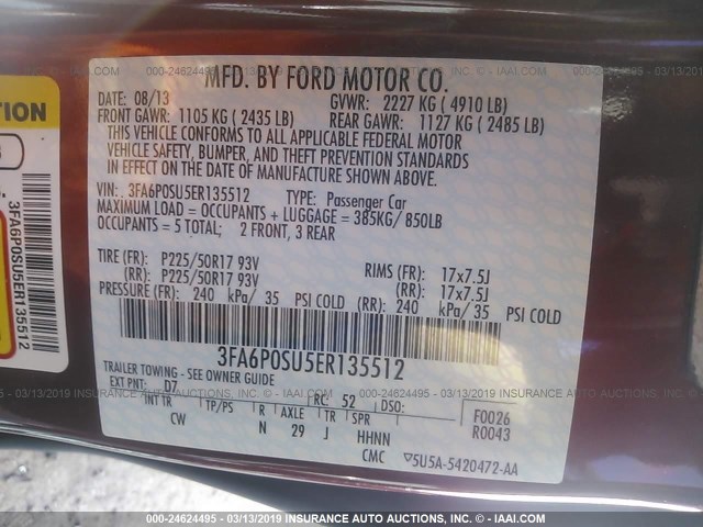 3FA6P0SU5ER135512 - 2014 FORD FUSION TITANIUM PHEV MAROON photo 9