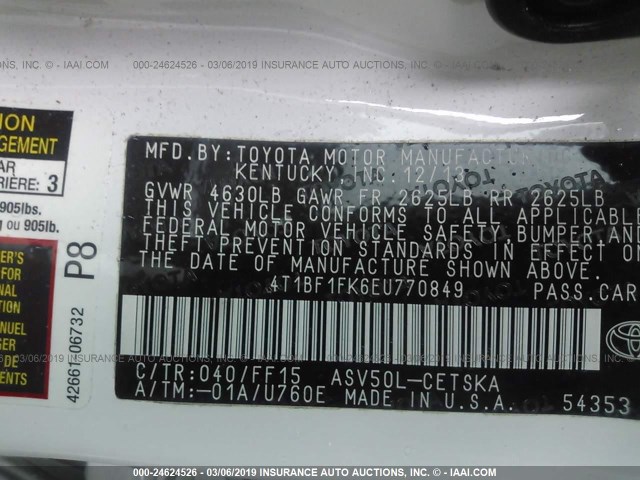 4T1BF1FK6EU770849 - 2014 TOYOTA CAMRY L/SE/LE/XLE Ağ foto 9