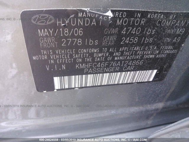 KMHFC46F76A124866 - 2006 HYUNDAI AZERA SE/LIMITED GRAY photo 9