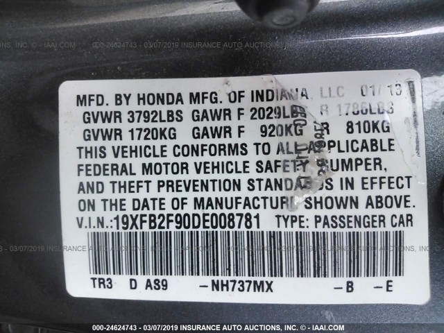 19XFB2F90DE008781 - 2013 HONDA CIVIC EXL BLACK photo 9