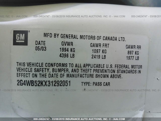 2G4WB52KX31292051 - 2003 BUICK REGAL LS WHITE photo 9