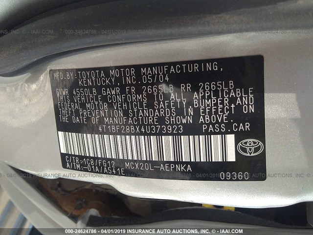 4T1BF28BX4U373923 - 2004 TOYOTA AVALON XL/XLS SILVER photo 9