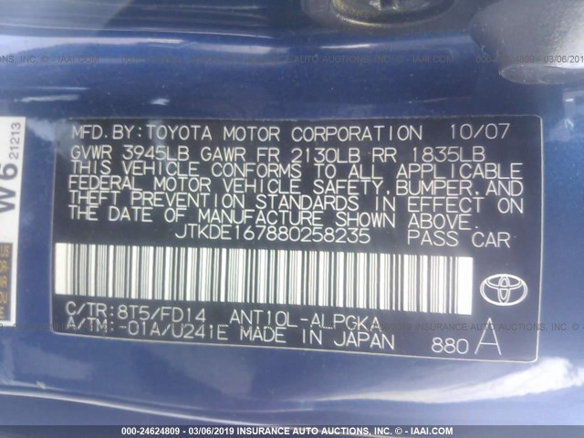 JTKDE167880258235 - 2008 TOYOTA SCION TC ლურჯი ფოტო 9