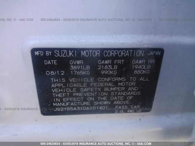 JS2YB5A31D6101401 - 2013 SUZUKI SX4 WHITE photo 9