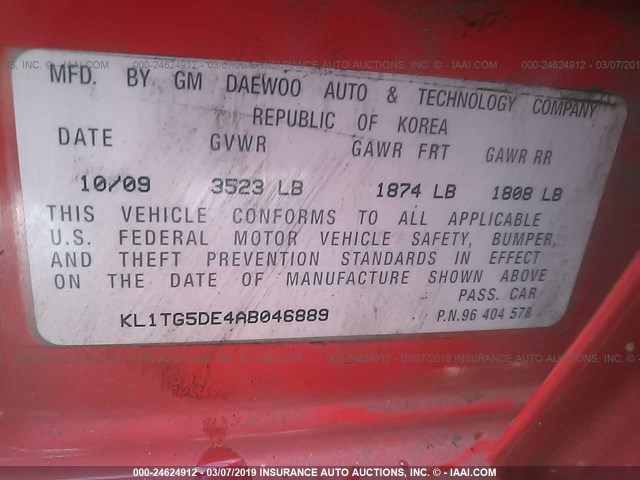 KL1TG5DE4AB046889 - 2010 CHEVROLET AVEO LT RED photo 9