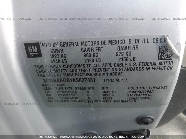 3GNBABDB1AS637431 - 2010 CHEVROLET HHR LT SILVER photo 9