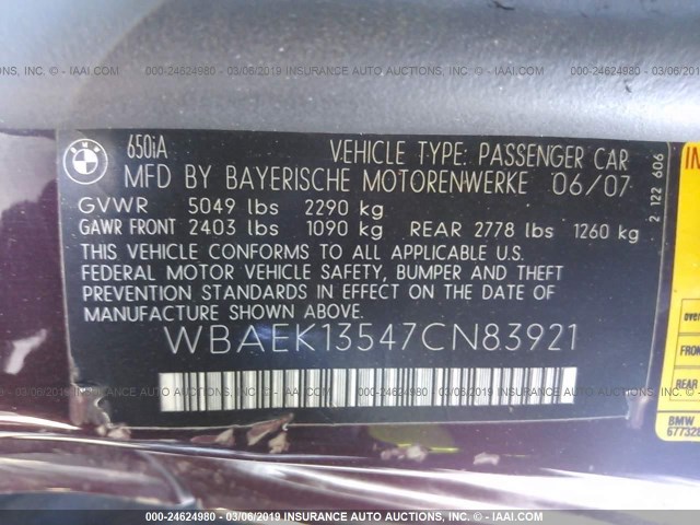 WBAEK13547CN83921 - 2007 BMW 650 I BURGUNDY photo 9