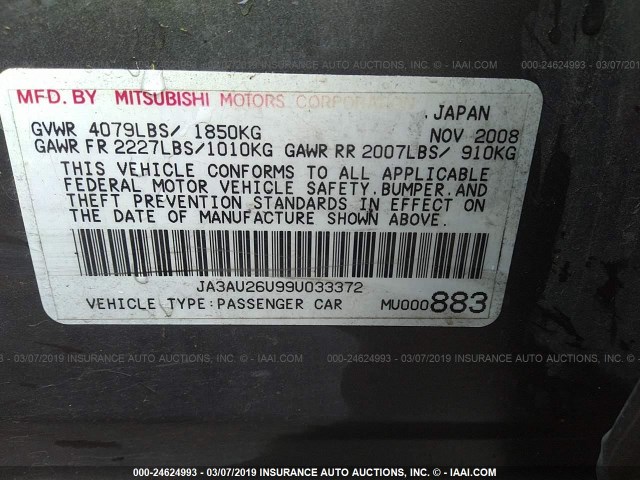 JA3AU26U99U033372 - 2009 MITSUBISHI LANCER ES/ES SPORT GRAY photo 9