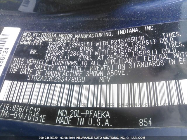 5TDZA23C26S478030 - 2006 TOYOTA SIENNA CE/LE BLUE photo 9