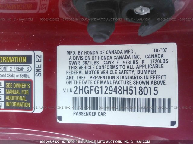 2HGFG12948H518015 - 2008 HONDA CIVIC EXL RED photo 9