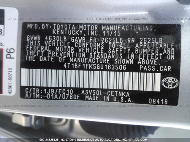 4T1BF1FK5GU163506 - 2016 TOYOTA CAMRY LE/XLE/SE/XSE 银色 照片 9