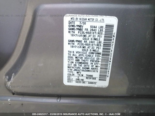 JN8AZ18U39W023679 - 2009 NISSAN MURANO S/SL SILVER photo 9