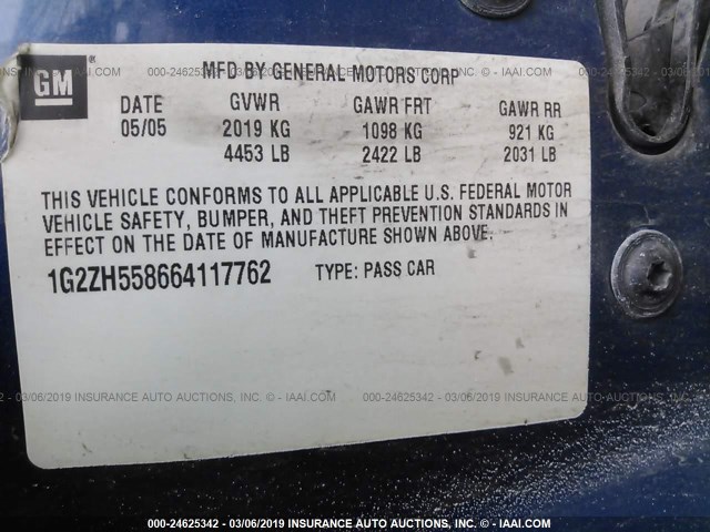 1G2ZH558664117762 - 2006 PONTIAC G6 GT BLUE photo 9