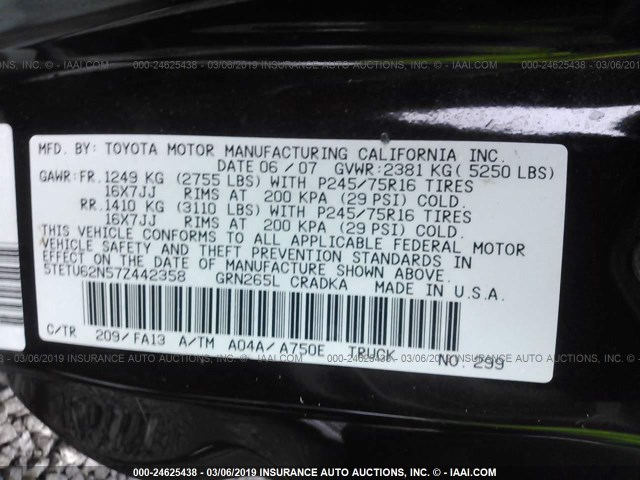 5TETU62N57Z442358 - 2007 TOYOTA TACOMA PRERUNNER ACCESS CAB BLACK photo 9