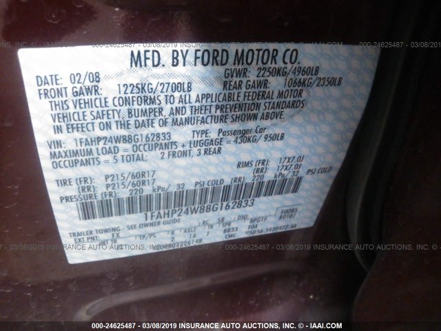 1FAHP24W88G162833 - 2008 FORD TAURUS SEL MAROON photo 9