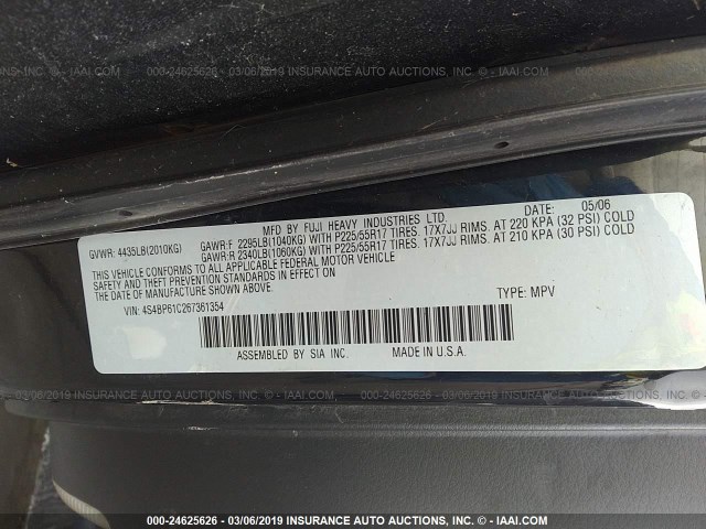 4S4BP61C267361354 - 2006 SUBARU LEGACY OUTBACK 2.5I BLACK photo 9