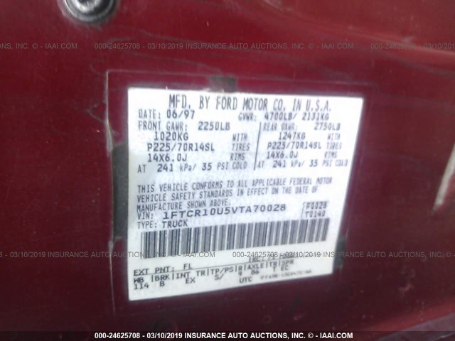 1FTCR10U5VTA70028 - 1997 FORD RANGER RED photo 9