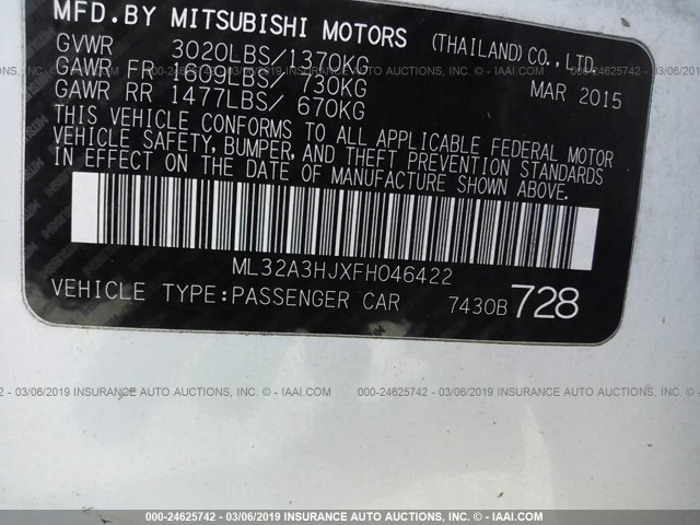 ML32A3HJXFH046422 - 2015 MITSUBISHI MIRAGE DE WHITE photo 9