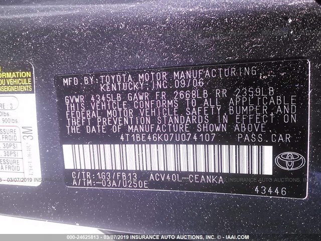 4T1BE46K07U074107 - 2007 TOYOTA CAMRY NEW GENERAT CE/LE/XLE/SE GRAY photo 9