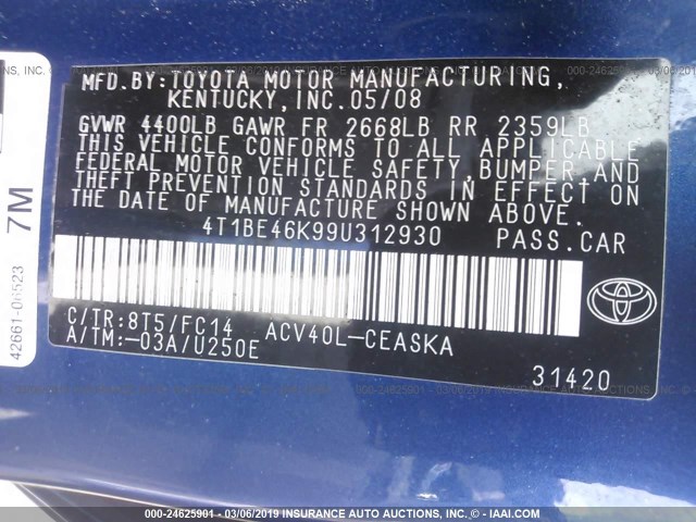 4T1BE46K99U312930 - 2009 TOYOTA CAMRY SE/LE/XLE BLUE photo 9