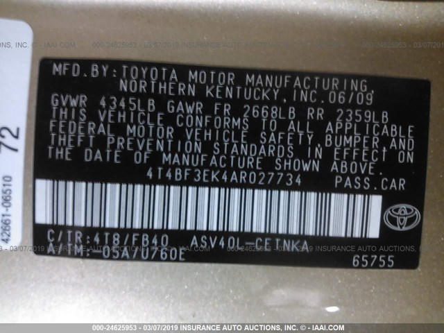 4T4BF3EK4AR027734 - 2010 TOYOTA CAMRY SE/LE/XLE 金色 照片 9