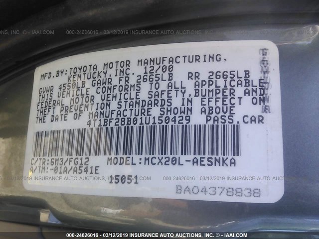 4T1BF28B01U150429 - 2001 TOYOTA AVALON XL/XLS GREEN photo 9