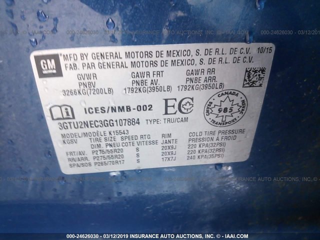 3GTU2NEC3GG107884 - 2016 GMC SIERRA K1500 SLT BLUE photo 9