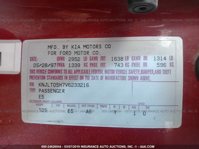 KNJLT05H7V6233216 - 1997 FORD ASPIRE RED photo 9