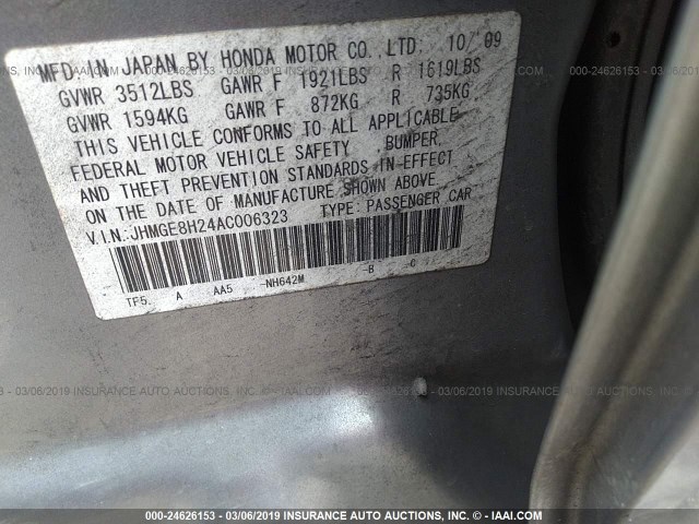 JHMGE8H24AC006323 - 2010 HONDA FIT GRAY photo 9