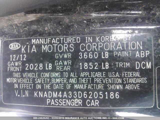 KNADM4A33D6205186 - 2013 KIA RIO LX BLACK photo 9