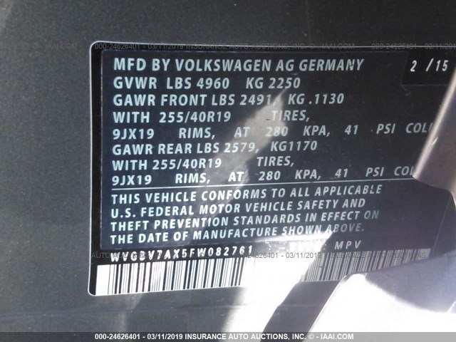 WVGBV7AX5FW082761 - 2015 VOLKSWAGEN TIGUAN S/SE/SEL/R-LINE GRAY photo 9