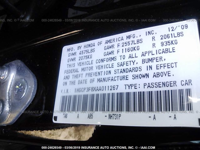 1HGCP3F8XAA011267 - 2010 HONDA ACCORD EXL BLACK photo 9