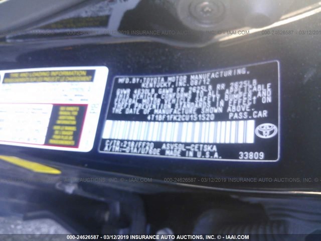 4T1BF1FK2CU151520 - 2012 TOYOTA CAMRY SE/LE/XLE 黑色 照片 9