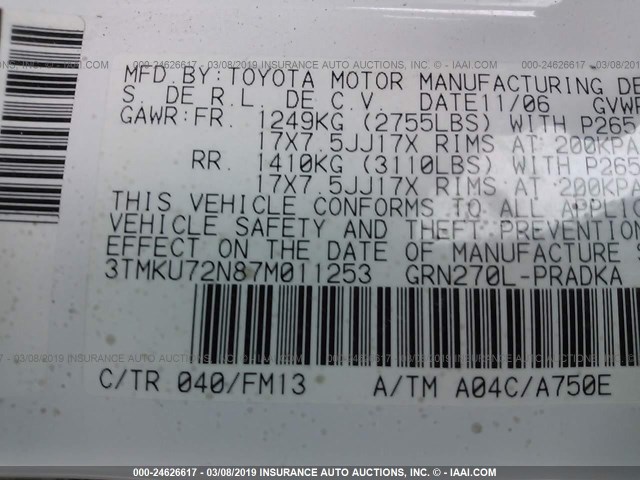 3TMKU72N87M011253 - 2007 TOYOTA TACOMA DBL CAB PRERUNNER LNG BED WHITE photo 9