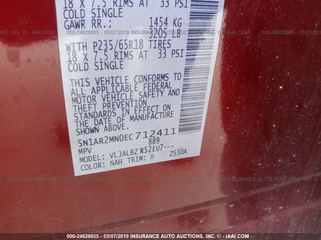 5N1AR2MN0EC712411 - 2014 NISSAN PATHFINDER S/SV/SL/PLATINUM RED photo 9