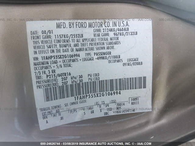 1FAHP55SX2G106994 - 2002 FORD TAURUS SES TAN photo 9