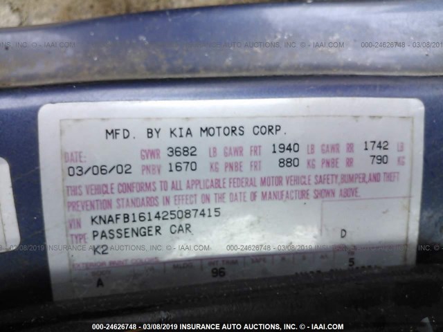 KNAFB161425087415 - 2002 KIA SPECTRA GS/GSX ლურჯი ფოტო 9