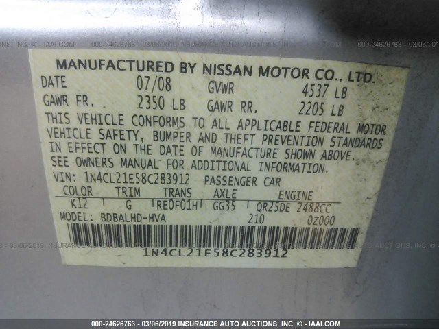 1N4CL21E58C283912 - 2008 NISSAN ALTIMA HYBRID SILVER photo 9