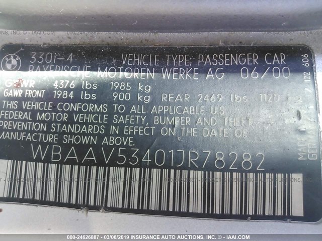 WBAAV53401JR78282 - 2001 BMW 330 I GRAY photo 9