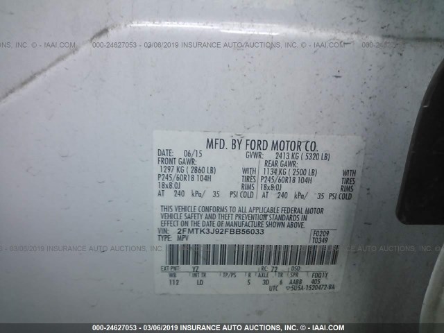 2FMTK3J92FBB56033 - 2015 FORD EDGE SEL WHITE photo 9