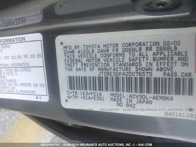 JTDBE32K420076575 - 2002 TOYOTA CAMRY LE/XLE/SE BEIGE photo 9