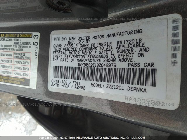 1NXBR32E18Z042976 - 2008 TOYOTA COROLLA CE/LE/S GRAY photo 9