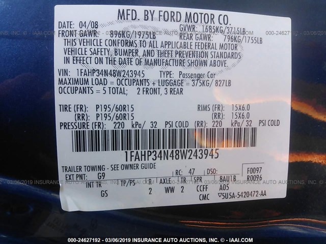 1FAHP34N48W243945 - 2008 FORD FOCUS S/SE BLUE photo 9