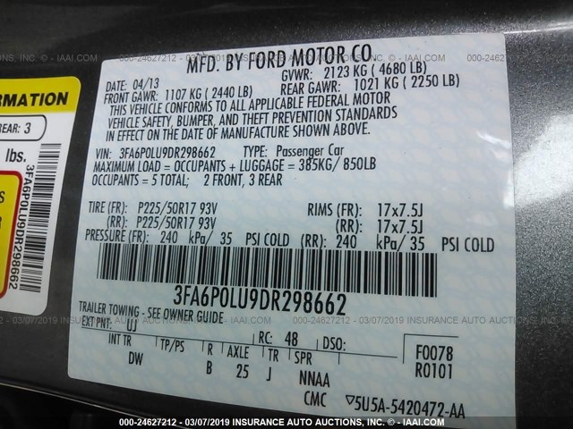 3FA6P0LU9DR298662 - 2013 FORD FUSION SE HYBRID GRAY photo 9