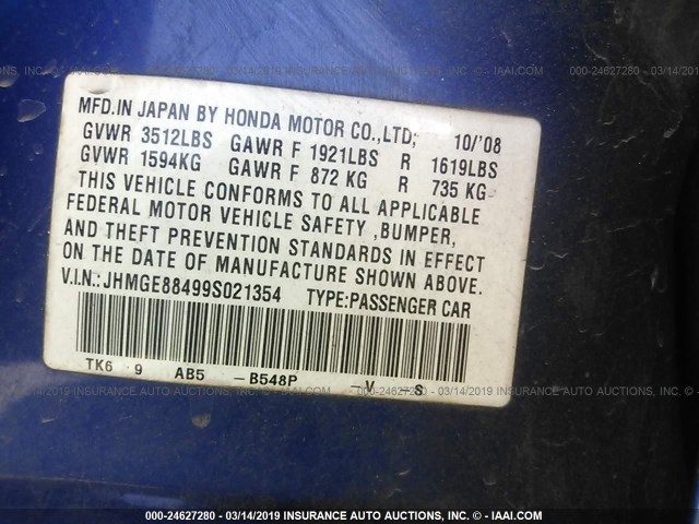 JHMGE88499S021354 - 2009 HONDA FIT SPORT BLUE photo 9