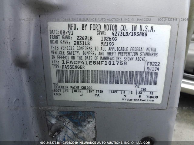 1FACP41E8NF101758 - 1992 FORD MUSTANG LX SILVER photo 9