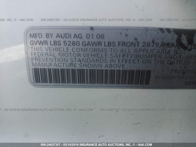 WAUDH74FX6N135836 - 2006 AUDI A6 3.2 QUATTRO WHITE photo 9